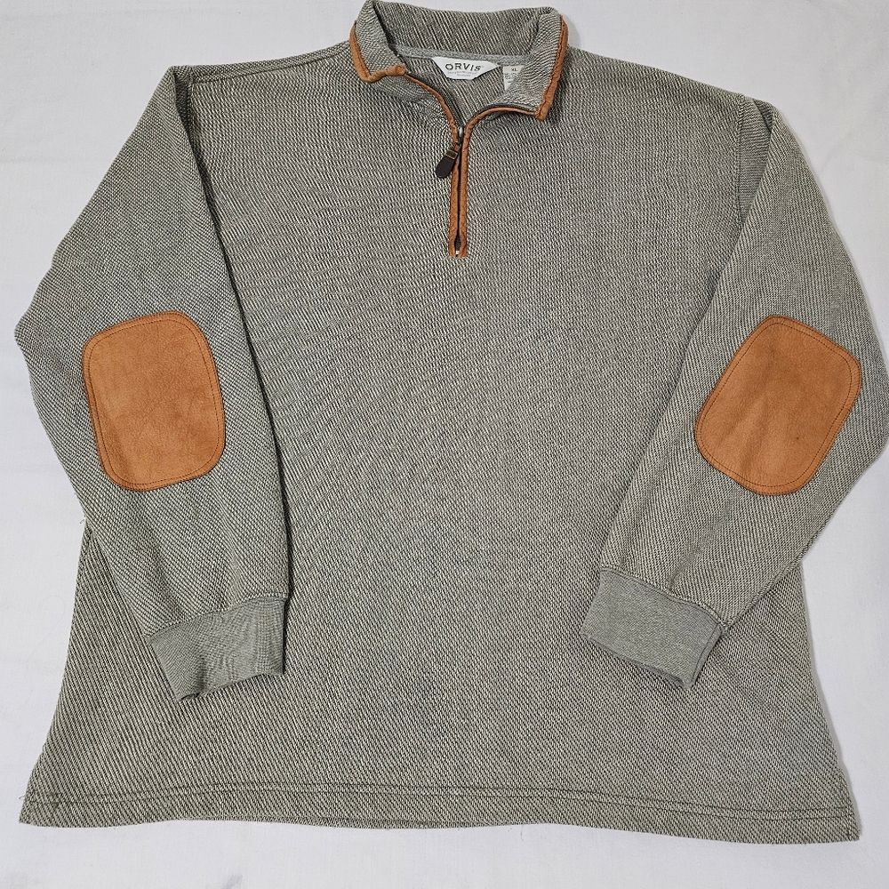 Orvis XL Quarter Zip Pullover Sweater Gray Leather Trim Elbow Patches